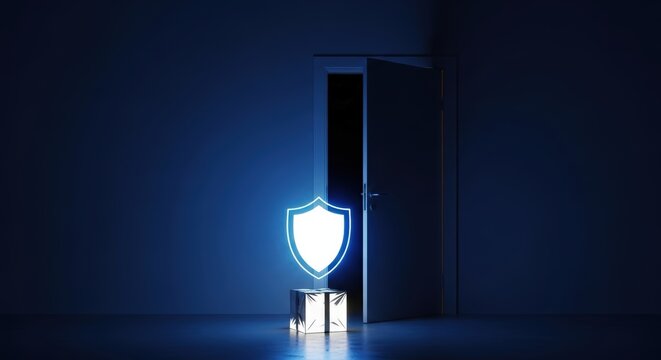 Futuristic secure delivery and data protection concept with a glowing shield hologram guarding a package at an open doorway