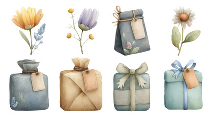 Elegant Floral Illustrations with Gifts and Labels on Transparent Background