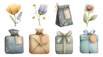 Elegant Floral Illustrations with Gifts and Labels on Transparent Background