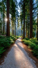 Sunlight Illuminating A Forest Path With Tall Trees And Green Undergrowth In The Morning Light