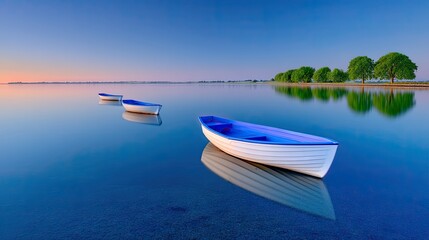 Three Calm Rowboats Floating on Still Blue Water Reflecting Clear Sky and Distant Trees at Sunrise Peaceful Serene Nautical Scene