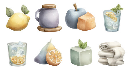 Assorted Watercolor Art Elements Featuring Fruits, Glassware, and Soft Textiles