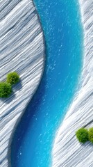 Top Down View Of A Vibrant Blue River Flowing Through Snowy Mountainous Terrain With Green Bushes And Sparkling Water During Daylight