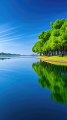 Tranquil Lake Reflecting Lush Green Trees Under a Vast Blue Sky with Wispy Clouds During Daylight
