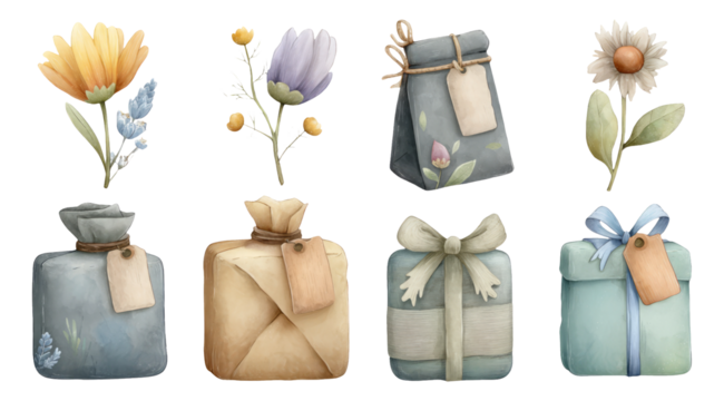 Elegant Floral Illustrations with Gifts and Labels on Transparent Background
