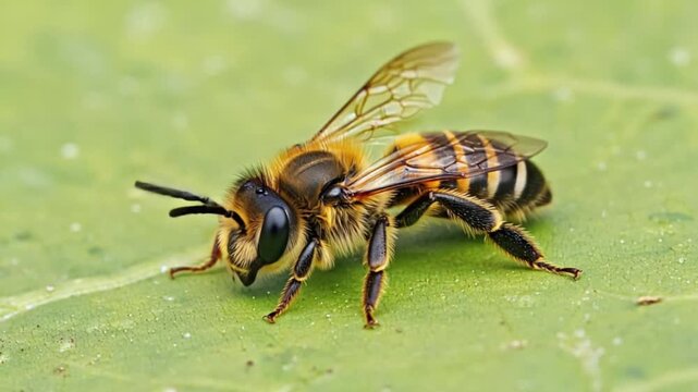 Close up of a bee with black and yellow stripes sitting on a green leaf in natural light bee green screen video