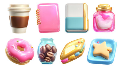 Colorful Collection of Isolated Art Objects with Sweet Treats and Stationery Items