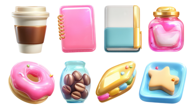 Colorful Collection of Isolated Art Objects with Sweet Treats and Stationery Items