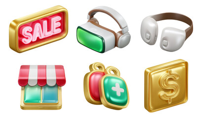 Colorful Sale and Shopping Icons in Modern Art Style with Transparent Background