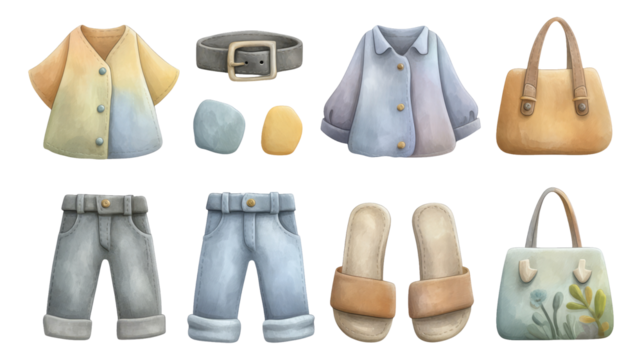 Colorful Collection of Isolated Clothing Items and Accessories on Transparent Background