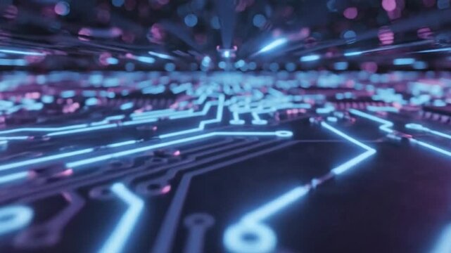 Abstract Glowing Circuit Board with Blue and Purple Neon Lights &ndash; Symbol of Online Shopping Energy