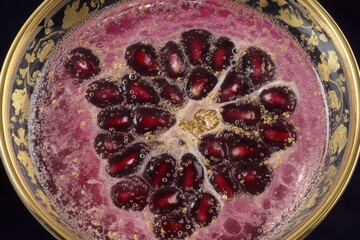 Exquisite pomegranate infusion with sparkling bubbles and golden accents creating a luxurious and vibrant atmosphere perfect for festive celebrations and gourmet experiences