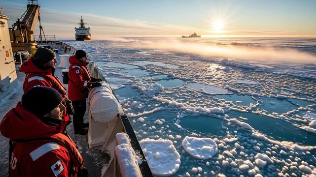 Three male crew members in red winter jackets on an icebreaker ship navigating through icy Arctic waters at sunrise, with other vessels in the distance.