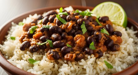 Close up of black beans and rice in a brown bowl with lime and cilantro garnish on a dark surface