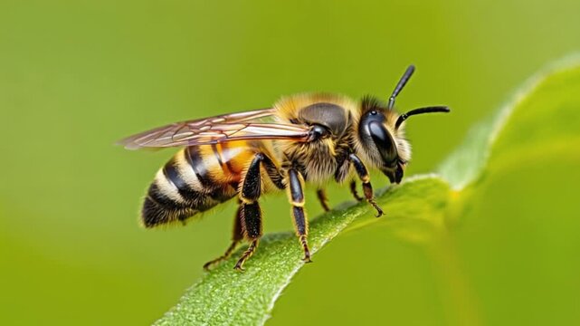 Close up of a honeybee on a leaf with a green background in a macro shot capturing its details bee green screen video