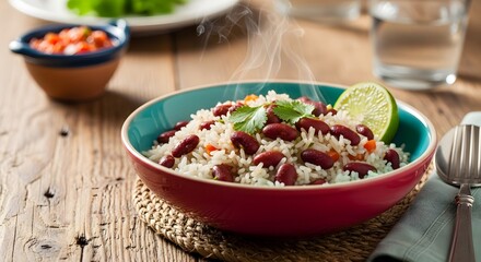 Close up of a bowl of rice and beans with lime and cilantro on a wooden table with other dishes