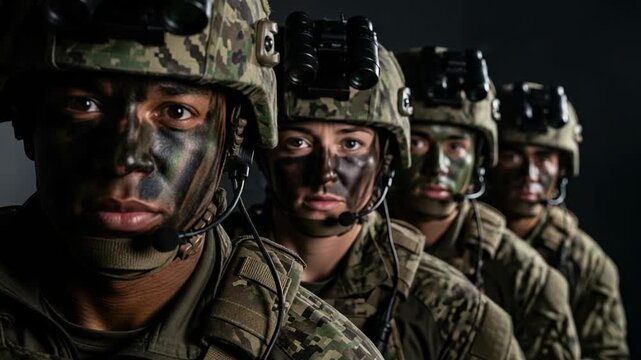 Four diverse male soldiers in camouflage uniforms and helmets with face paint standing in a disciplined line, ready for action