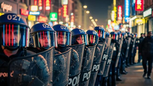 Row of law enforcement officers in full riot gear with helmets and shields standing guard on a vibrant city street at night, illuminated by colorful neon signs.