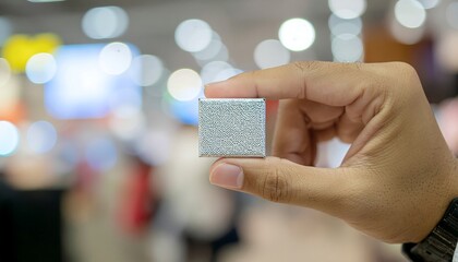 Close-up of male hand holding small product box, suitable for perfume, electronics, or jewelry packaging concept, blurred background.