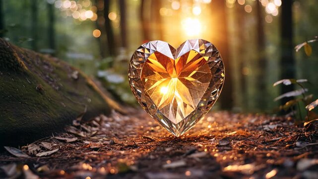 Heart of the Forest: A radiant, heart-shaped crystal glistens amidst a tranquil woodland scene. The gem is illuminated by sunlight, reflecting a dazzling display of light.