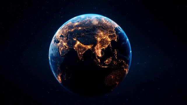 A satellite view of Earth illuminated at night with cities glowing.