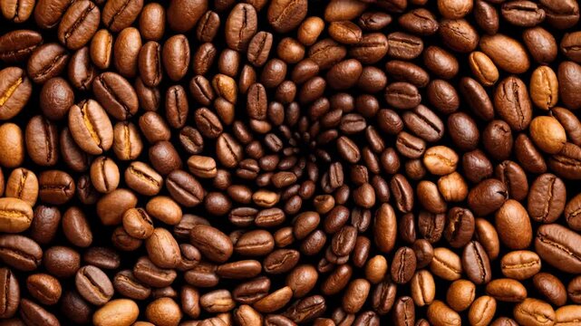 A swirling pattern of various coffee beans on a dark background.