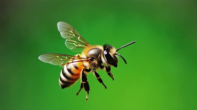 Close up of a bee in flight with transparent wings against a green background in sharp focus bee green screen video