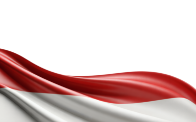 A realistic rendering of the Monegasque flag waving gently, showcasing its vibrant red and white fabric with elegant folds and ample copy space below on transparent background.