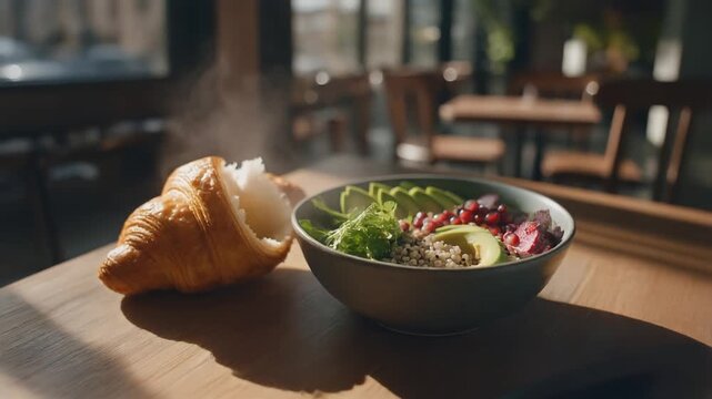 Healthy Morning Fuel: Salad Bowl and Croissant in Soft Cafe Light