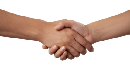 Two diverse hands clasping firmly in a professional handshake signifying trust, partnership, and agreement completion.