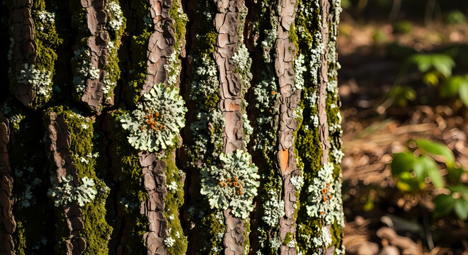 Close-up of tree bark covered in lichen and moss, with blurred foliage in the background.