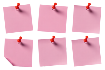 Six blank pink sticky notes with red pins, perfect for brainstorming, planning, or reminders on any project