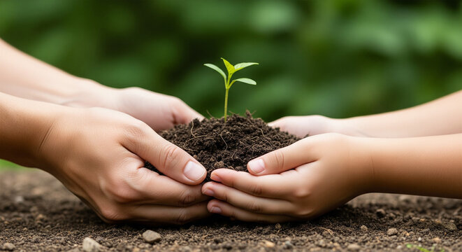 Hands Holding a Sapling Symbolizing the Collective Responsibility to Cultivate and Preserve the Natural World and Ecology.