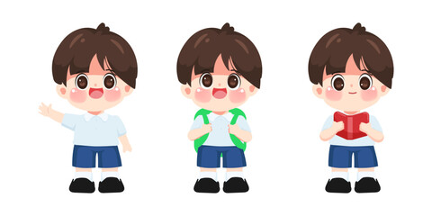 Cartoon cute boy character in student uniform.