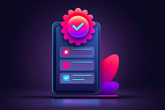 Goal badge checklist glow phone dark vibrant neon icon mobile screen task list check mark gradient color ui design 3d render digital art modern app interface smartphone illuminated abstract