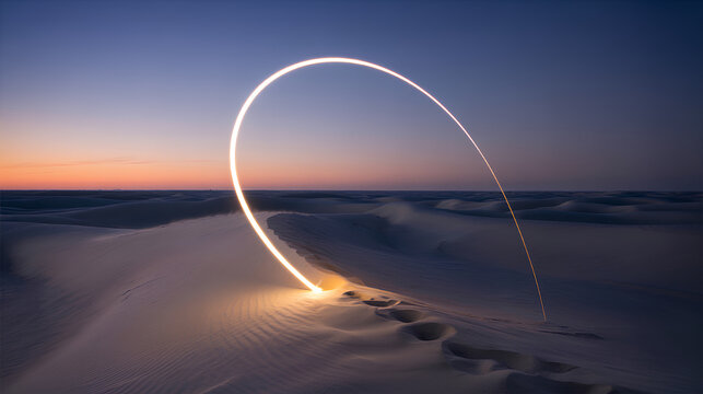 Dune crest light arc desert nightscape golden trail soft sand twilight horizon serene minimal curved glow long exposure lonely footprint vast dune field. Calm wonder flows over quiet desert