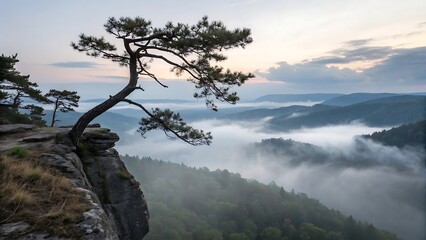 Obraz premium A scenic view of a tree on a cliff overlooking misty mountains under a cloudy sky at dawn or dusk