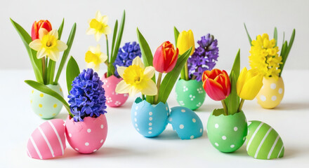 Colorful easter egg vases filled with spring flowers on white table