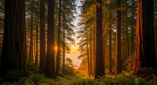 Golden sunset light filtering through a majestic redwood forest overlooking the ocean.