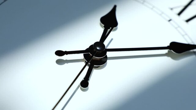 Sun and sky reflecting in the watch during the time passing by. Time lapse on a modern white Clock on white.  Close up to a wall clock, with running time pointer. Wall clock show the running time. 