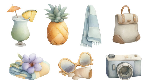 Summer Vacation Elements with Drinks, Fruits, and Accessories on Transparent Background