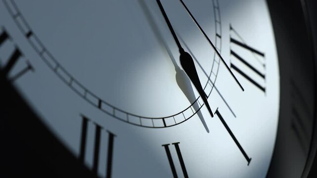Sun and sky reflecting in the watch during the time passing by. Time lapse on a modern white Clock on white.  Close up to a wall clock, with running time pointer. Wall clock show the running time. 