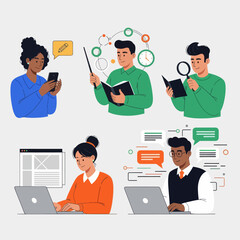 Teamwork and communication concept illustration showing diverse people working, chatting, and researching online with laptops and books. Perfect for business, education, and productivity themes.