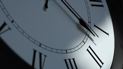 Sun and sky reflecting in the watch during the time passing by. Time lapse on a modern white Clock on white.  Close up to a wall clock, with running time pointer. Wall clock show the running time. 