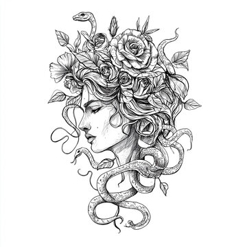 Mythologische Medusa mit Schlangen und Blumen &ndash; kunstvolle Line-Art Illustration weiblicher St&auml;rke