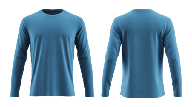 Plain Sea Blue Long Sleeve Casual Shirt Front and Back Mockup for Everyday Wear on transparent background