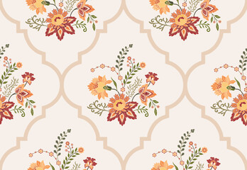 Vector Hand drawn colourful geometric flowers Motifs African boho paisley, seamless patterns with floral for fabric Ethnic Indian Pattern, textiles, clothing, wrapping paper, backdrop, banner.
