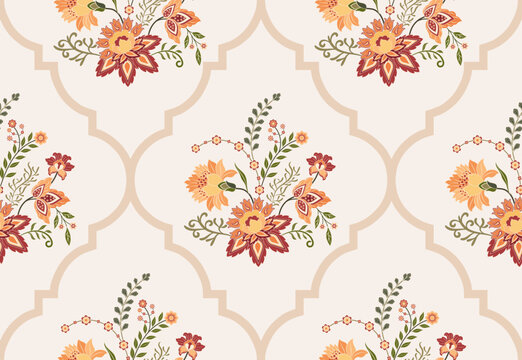 Vector Hand drawn colourful geometric flowers Motifs African boho paisley, seamless patterns with floral for fabric Ethnic Indian Pattern, textiles, clothing, wrapping paper, backdrop, banner.
