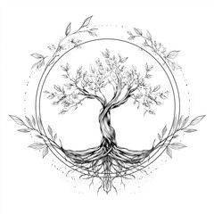 Obraz premium Baum des Lebens mit Sonne und Mond – spirituelle Line-Art Illustration als Symbol für Balance und Energie