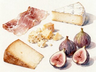 Watercolor cheese, prosciutto and figs platter on a wooden board